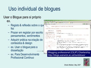 Uso individual de blogues Usar o Blogue para si próprio ex. Registo & reflexão sobre o que fez Prazer em registar por escrito pensamentos, sentimentos Adquirir prática na criação de conteúdos & design ex. Usar o blogue para a dissertação  ex. Para Desenvolvimento Profissional Contínuo Blogging professional (CILIP) Chartership http://blogs.warwick.ac.uk/kwiddows/ 