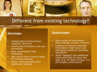 Advantages Collaboration & hierarchical “tagging” structure Community formation, two-way connection More personalized than marketing Low cost or free in many cases, no training required Faster communication than traditional methods Different from existing technology? Disadvantages Easy access to information about people, privacy concerns Leaking of internal corporate information might have very damaging results for business operations While “tagging” and additional meta-data help structure the data (e.g. for data mining), it is still largely unstructured 