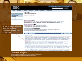 The IBM “Blogroll” http://domino.research.ibm.com/ibmcom/planetibm.nsf/pages/bytag.html?Open&tag=blogging A list of “tags” each of which is linked to bloggers posting on a given topic.  