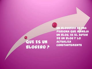 Un bloguero es una
            persona que maneja
            un blog. Es el autor
            de un blog y lo
QUE ES UN   actualiza
            constantemente
BLOGERO ?
 