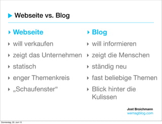 Jost Broichmann
wemagblog.com
Webseite vs. Blog
‣ Webseite
‣ will verkaufen
‣ zeigt das Unternehmen
‣ statisch
‣ enger Themenkreis
‣ „Schaufenster“
‣ Blog
‣ will informieren
‣ zeigt die Menschen
‣ ständig neu
‣ fast beliebige Themen
‣ Blick hinter die
Kulissen
 
