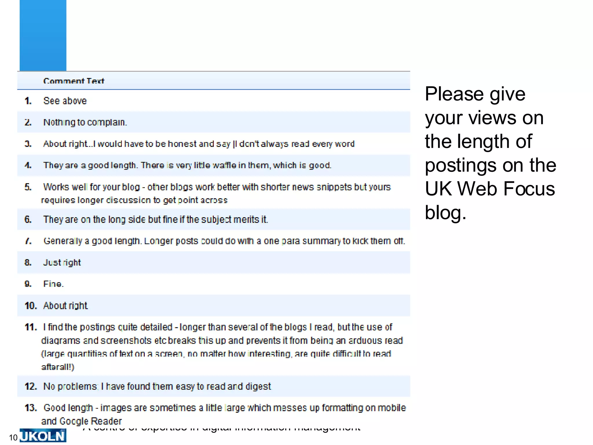 Please give your views on the length of postings on the UK Web Focus blog.  