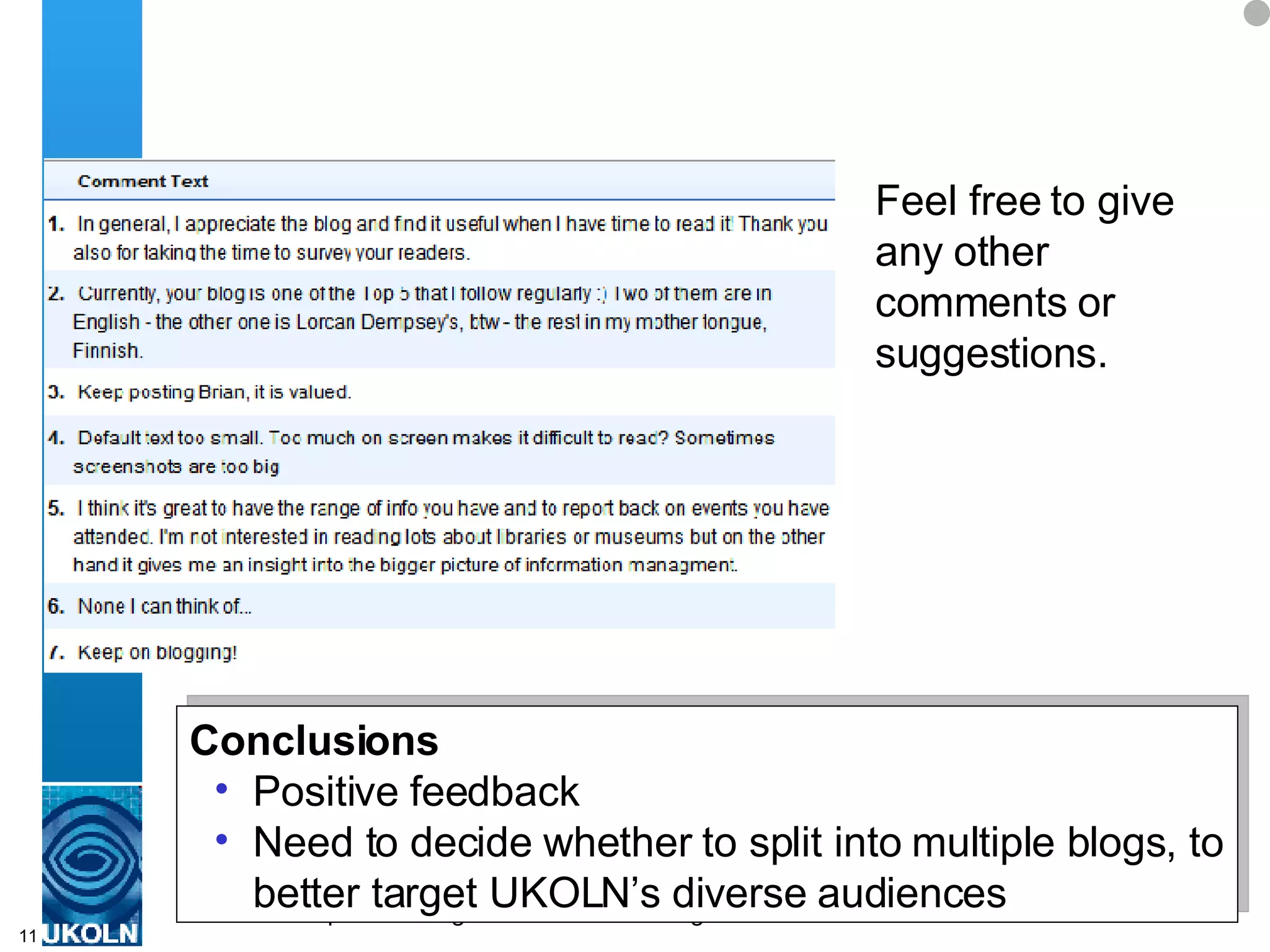 Feel free to give any other comments or suggestions.  Conclusions Positive feedback Need to decide whether to split into multiple blogs, to better target UKOLN’s diverse audiences 