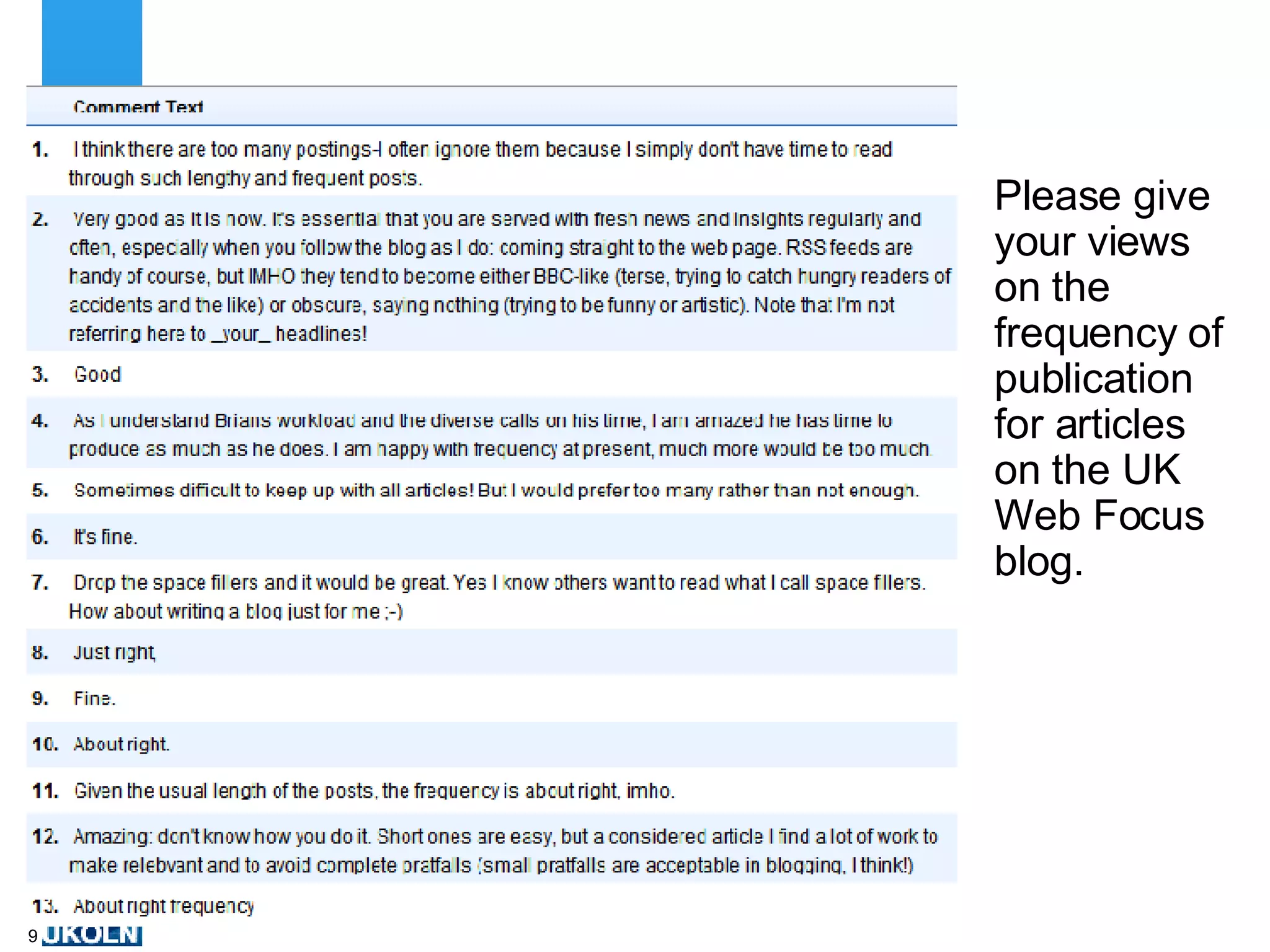 Please give your views on the frequency of publication for articles on the UK Web Focus blog.  