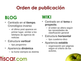 Orden de publicación
BLOG
• Centrado en el tiempo.
Cronológico inverso
– el último post aparece en
primer lugar, similar a los
teletipos de agencia de
noticias
• Estructura vertical
– tipo pergamino
• Apariencia dinámica
– la home siempre es distinta
WIKI
• Centrado en el tema o
proyecto.
– el orden se altera según
las necesidades de
clasificación general
• Estructura horizontal
– tipo cuaderno-libro
• Apariencia estable
– organización por páginas
según el criterio de los
autores.
 