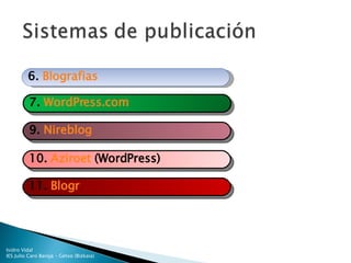 9.  Nireblog 10.  Aziroet  (WordPress) 11.  Blogr 6.  Blografias 7.  WordPress.com 