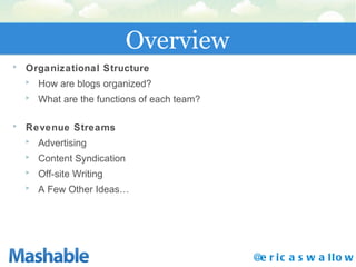 Overview @ericaswallow Organizational Structure How are blogs organized? What are the functions of each team? Revenue Streams Advertising Content Syndication Off-site Writing A Few Other Ideas… 