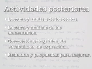 Actividades posteriores
• Lectura y análisis de los textos.
• Lectura y análisis de los
 comentarios.
• Corrección ortográﬁca, de
 vocabulario, de expresión...
• Reﬂexión y propuestas para mejorar.
                   11
 