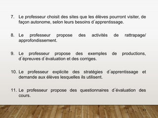 13
7. Le professeur choisit des sites que les élèves pourront visiter, de
façon autonome, selon leurs besoins d´apprentissage.
8. Le professeur propose des activités de rattrapage/
approfondissement.
9. Le professeur propose des exemples de productions,
d´épreuves d´évaluation et des corriges.
10. Le professeur explicite des stratégies d´apprentissage et
demande aux élèves lesquelles ils utilisent.
11. Le professeur propose des questionnaires d´évaluation des
cours.
 