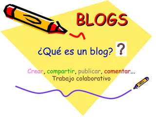 BLOGS Crear ,  compartir ,  publicar ,  comentar ...  Trabajo colaborativo ¿Qué es un blog? 