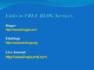 Blogger http:// www.blogger.com Edublogs http:// www.edublogs.org Live Journal http:// www.livejournal.com 