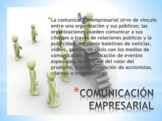 *
*La comunicación empresarial sirve de vínculo
entre una organización y sus públicos; las
organizaciones pueden comunicar a sus
clientes a través de relaciones públicas y la
publicidad, mediante boletines de noticias,
videos, gestión de crisis con los medios de
comunicación, planificación de eventos
especiales, la creación del valor del
producto, y la comunicación de accionistas,
clientes o inversionistas.
 