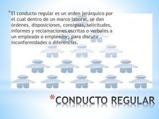 *
*El conducto regular es un orden jerárquico por
el cual dentro de un marco laboral, se dan
órdenes, disposiciones, consignas, solicitudes,
informes y reclamaciones escritas o verbales a
un empleado o empleador; para discutir
inconformidades o diferencias.
 