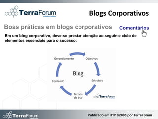 Blogs Corporativos
Boas práticas em blogs corporativos                         Comentários
Em um blog corporativo, deve-se prestar atenção ao seguinte ciclo de
elementos essenciais para o sucesso:




                                          Publicado em 31/10/2008 por TerraForum
 