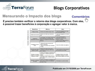 Blogs Corporativos
Mensurando o Impacto dos blogs                               Comentários
É preciso também verificar o retorno dos blogs corporativos. Com eles,
é possível trazer benefícios à corporação e agregar valor à marca.




                                           Publicado em 31/10/2008 por TerraForum
 