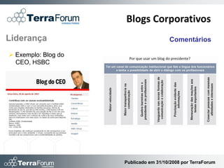 Blogs Corporativos
Liderança                              Comentários

 Exemplo: Blog do
  CEO, HSBC




                     Publicado em 31/10/2008 por TerraForum
 