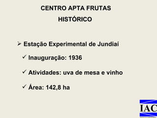 CENTRO APTA FRUTAS HISTÓRICO  Estação Experimental de Jundiaí Inauguração: 1936 Atividades: uva de mesa e vinho Área: 142,8 ha 