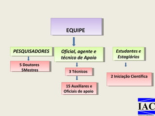EQUIPE  PESQUISADORES 5 Doutores  5Mestres Oficial, agente e técnico de Apoio Estudantes e Estagiários 3 Técnicos  15 Auxiliares e Oficiais de apoio  2 Iniciação Científica 