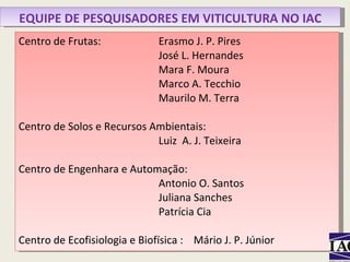 Centro de Frutas:  Erasmo J. P. Pires José L. Hernandes Mara F. Moura Marco A. Tecchio Maurilo M. Terra Centro de Solos e Recursos Ambientais: Luiz  A. J. Teixeira Centro de Engenhara e Automação: Antonio O. Santos Juliana Sanches Patrícia Cia Centro de Ecofisiologia  e Biofísica  : Mário J. P. Júnior EQUIPE DE PESQUISADORES EM VITICULTURA NO IAC 