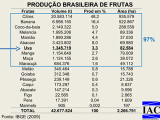 PRODUÇÃO BRASILEIRA DE FRUTAS Fonte: IBGE (2009) 97% Frutas Volume (t) Prod em % Área (ha) Citros 20.583.114 48,2 935.579 Banana 6.998.150 16,4 522.867 Coco-da-baia  2.149.322 5,0 288.559 Melancia 1.995.206 4,7 89.336 Mamão 1.890.286 4,4 37.030 Abacaxi  3.423.802 8,0 69.980 Uva 1.345.719 3,3 82.584 Manga 1.154.649 2,7 79.009 Maça 1.124.155 2,6 38.072 Maracujá 684.376 1,6 49.112 Melão 340.464 0,8 15.788 Goiaba 312.348 0,7 15.743 Pêssego 239.149 0,6 21.326 Caqui 173.297 0,4 8.837 Abacate 147.214 0,3 9.596 Figo 22.565 0,1 2.865 Pera 17.391 0,04 1.609 Marmelo 905 0,002 197 TOTAL 42.677.824 100 2.266.791 
