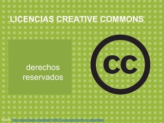 LICENCIAS CREATIVE COMMONS
fuente: http://openclipart.org/detail/154831/copyright-bomb-by-cliparteles
ALGUNOS
derechos
reservados
 