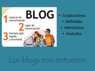 Los blogs son entornos
• Colaborativos
• Definibles
• Interactivos
• Gratuitos
 