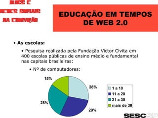 As escolas: Pesquisa realizada pela Fundação Victor Civita em 400 escolas públicas de ensino médio e fundamental nas capitais brasileiras: Nº de computadores:  EDUCAÇÃO EM TEMPOS DE WEB 2.0 