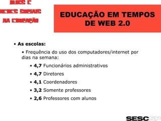 As escolas: Frequência do uso dos computadores/internet por dias na semana:  4,7  Funcionários administrativos 4,7  Diretores 4,1  Coordenadores 3,2  Somente professores 2,6  Professores com alunos EDUCAÇÃO EM TEMPOS DE WEB 2.0 
