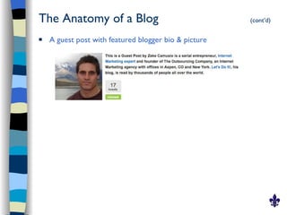 The Anatomy of a Blog                                  (cont’d)

   A guest post with featured blogger bio & picture
 