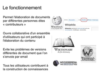 Le fonctionnement 
Permet l'élaboration de documents 
par différentes personnes dites 
« contributeurs » 
Ouvre collaborative d'un ensemble 
d'utilisateurs qui ont participé à 
l'élaboration du contenu 
Evite les problèmes de versions 
différentes de document que l’on 
s’envoie par email 
Tous les utilisateurs contribuent à 
la construction de connaissances 
 