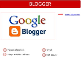 BLOGGER
Proveeix allotjament
Integra Analytics i Adsense Molt popular
Gratuït
www.blogger.com
 