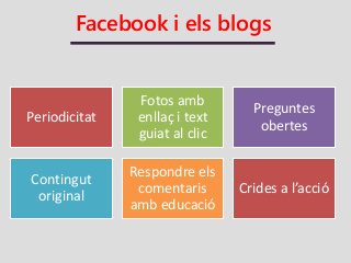 Facebook i els blogs
Periodicitat
Fotos amb
enllaç i text
guiat al clic
Preguntes
obertes
Contingut
original
Respondre els
comentaris
amb educació
Crides a l’acció
 