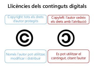 Llicències dels continguts digitals
Copyright: tots els drets
d’autor protegits
Només l’autor pot utilitzar,
modificar i distribuir
Copyleft: l’autor cedeix
els drets amb l’atribució
Es pot utilitzar el
contingut, citant l’autor
 
