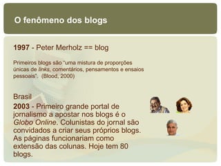 O fenômeno dos blogs


1997 - Peter Merholz == blog
Primeiros blogs são “uma mistura de proporções
únicas de links, comentários, pensamentos e ensaios
pessoais”. (Blood, 2000)


Brasil
2003 - Primeiro grande portal de
jornalismo a apostar nos blogs é o
Globo Online. Colunistas do jornal são
convidados a criar seus próprios blogs.
As páginas funcionariam como
extensão das colunas. Hoje tem 80
blogs.
 