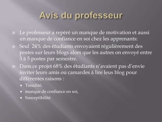    Le professeur a repéré un manque de motivation et aussi
    un manque de confiance en soi chez les apprenants:
   Seul 24% des étudiants envoyaient régulièrement des
    postes sur leurs blogs alors que les autres on envoyé entre
    3 à 5 postes par semestre.
   Dans ce projet 68% des étudiants n’avaient pas d’envie
    inviter leurs amis ou camardes à lire leus blog pour
    différentes raisons :
     Timidité,
     manque de confiance en soi,
     Susceptibilité.
 