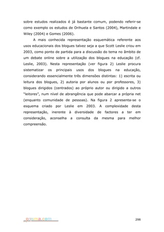 sobre estudos realizados é já bastante comum, podendo referir-se
como exemplo os estudos de Orihuela e Santos (2004), Martindale e
Wiley (2004) e Gomes (2006).
     A mais conhecida representação esquemática referente aos
usos educacionais dos blogues talvez seja a que Scott Leslie criou em
2003, como ponto de partida para a discussão do tema no âmbito de
um debate online sobre a utilização dos blogues na educação (cf.
Leslie, 2003). Nesta representação (ver figura 2) Leslie procura
sistematizar    os     principais     usos   dos         blogues     na       educação,
considerando essencialmente três dimensões distintas: 1) escrita ou
leitura dos blogues, 2) autoria por alunos ou por professores, 3)
blogues dirigidos (centrados) ao próprio autor ou dirigido a outros
“leitores”, num nível de abrangência que pode abarcar a própria net
(enquanto comunidade de pessoas). Na figura 2 apresenta-se o
esquema    criado      por   Leslie    em    2003.       A    complexidade        desta
representação,       inerente   à     diversidade    de       factores    a    ter   em
consideração,    aconselha      a     consulta      da       mesma    para      melhor
compreensão.




                                                                                     298
 