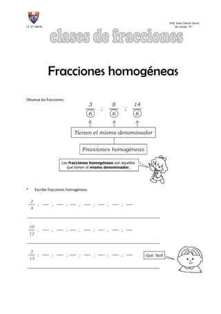 Fracciones homogéneas<br />Observa las fracciones:tc \"
Observa las fracciones\:\"
<br />*Escribe fracciones homogéneas:<br />tc \"
* Escribe fracciones homogéneas\:\"
<br />40005001588135 <br />Fracciones heterogéneastc \"
Fracciones heterogéneas\"
<br />Observa las fracciones:tc \"
Observa las fracciones\:\"
<br />*Escribe fracciones heterogéneas:tc \"
* Escribe fracciones heterogéneas\:\"
<br />Tarea Domiciliaria<br />En tu cuaderno escribe y grafica 10 ejemplos de fracciones homogéneas y 5 ejemplos de fracciones heterogéneas.tc \"
En tu cuaderno escribe y grafica 10 ejemplos de fracciones homogéneas y 5 ejemplos de fracciones heterogéneas.\"
<br />