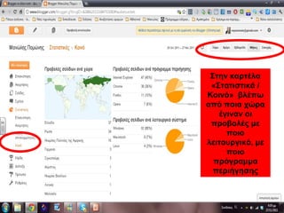 Στην καρτέλα
«Στατιστικά /
Κοινό» βλέπω
από ποια χώρα
έγιναν οι
προβολές με
ποιο
λειτουργικό, με
ποιο
πρόγραμμα
περιήγησης
 