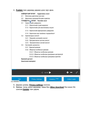 4. Publish товч дарахад дараах цонх гарч ирнэ.
5. Дараах цонхны Privacy settings сонгоно.
6. Файлаа татах эсвэл харахаар тавих бол Allow download Yes эсвэл No
сонгоно.Update товч дарна.
 