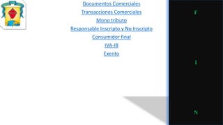 Documentos Comerciales
Transacciones Comerciales
Mono tributo
Responsable Inscripto y No Inscripto
Consumidor final
IVA-IB
Exento
F
I
N
 