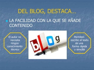  LA FACILIDAD CON LA QUE SE AÑADE
CONTENIDO
DEL BLOG, DESTACA…
Permiten
escribir el texto
de una
forma rápida
y sencilla
El autor no
necesita
ningún
conocimiento
técnico
 