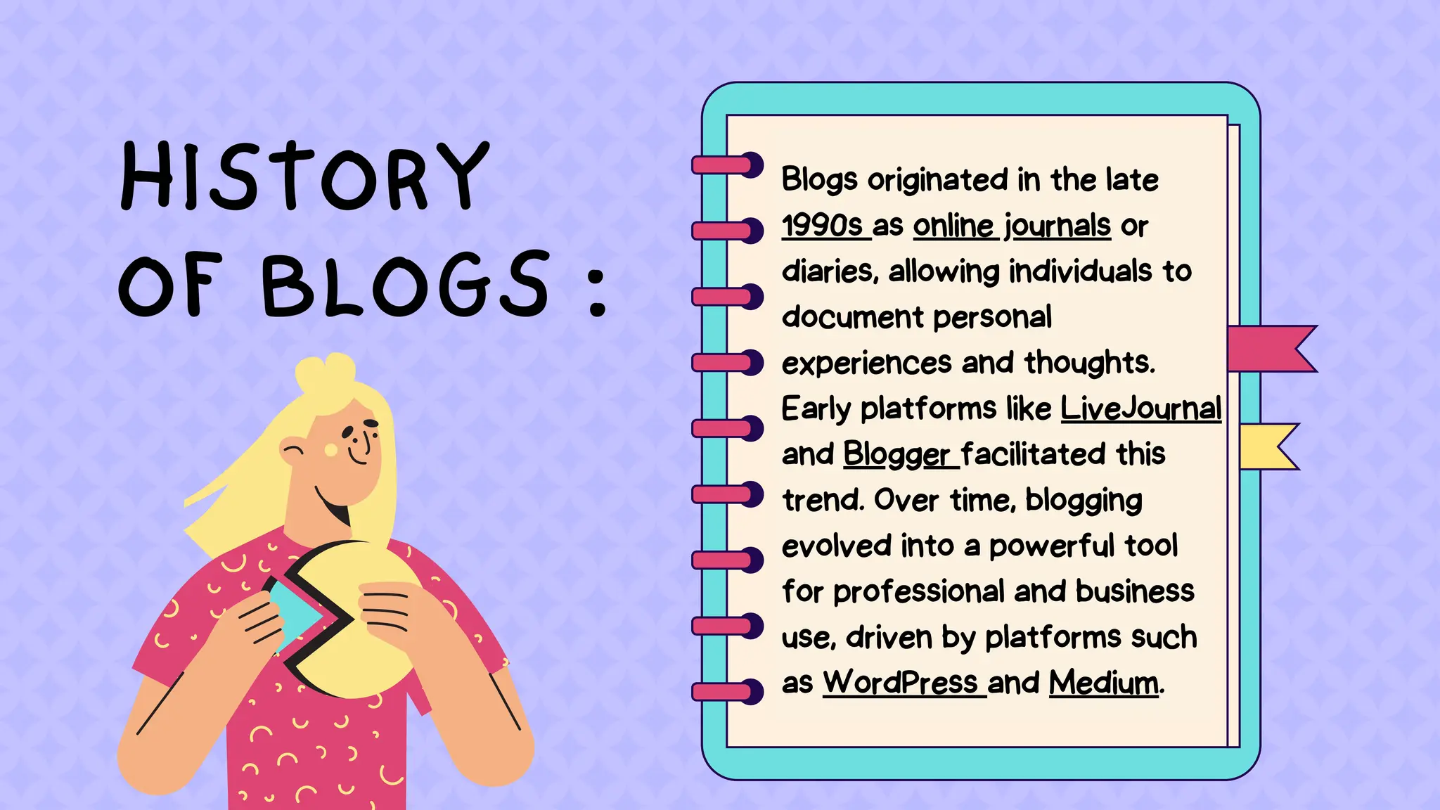 HISTORY
OF BLOGS :
Blogs originated in the late
1990s as online journals or
diaries, allowing individuals to
document personal
experiences and thoughts.
Early platforms like LiveJournal
and Blogger facilitated this
trend. Over time, blogging
evolved into a powerful tool
for professional and business
use, driven by platforms such
as WordPress and Medium.
 