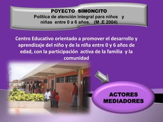 POYECTO SIMONCITO
Política de atención integral para niños y
niñas entre 0 a 6 años. (M .E 2004)

Centro Educativo orientado a promover el desarrollo y
aprendizaje del niño y de la niña entre 0 y 6 años de
edad, con la participación activa de la familia y la
comunidad

ACTORES
MEDIADORES

 