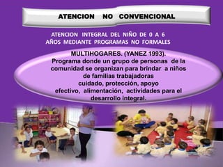 ATENCION

NO CONVENCIONAL

ATENCION INTEGRAL DEL NIÑO DE 0 A 6
AÑOS MEDIANTE PROGRAMAS NO FORMALES
MULTIHOGARES. (YANEZ 1993).
Programa donde un grupo de personas de la
comunidad se organizan para brindar a niños
de familias trabajadoras
cuidado, protección, apoyo
efectivo, alimentación, actividades para el
desarrollo integral.

 
