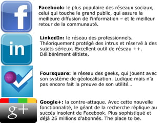 Facebook:  le plus populaire des réseaux sociaux, celui qui touche le grand public, qui assure la meilleure diffusion de l’information – et le meilleur retour de la communauté. LinkedIn:  le réseau des professionnels. Théoriquement protégé des intrus et réservé à des sujets sérieux. Excellent outil de réseau ++. Délibérément élitiste. Foursquare:  le réseau des geeks, qui jouent avec son système de géolocalisation. Ludique mais n’a pas encore fait la preuve de son utilité… Google+:  la contre-attaque. Avec cette nouvelle fonctionnalité, le géant de la recherche réplique au succès insolent de Facebook. Plus sophistiqué et déjà 25 millions d’abonnés. The place to be. 