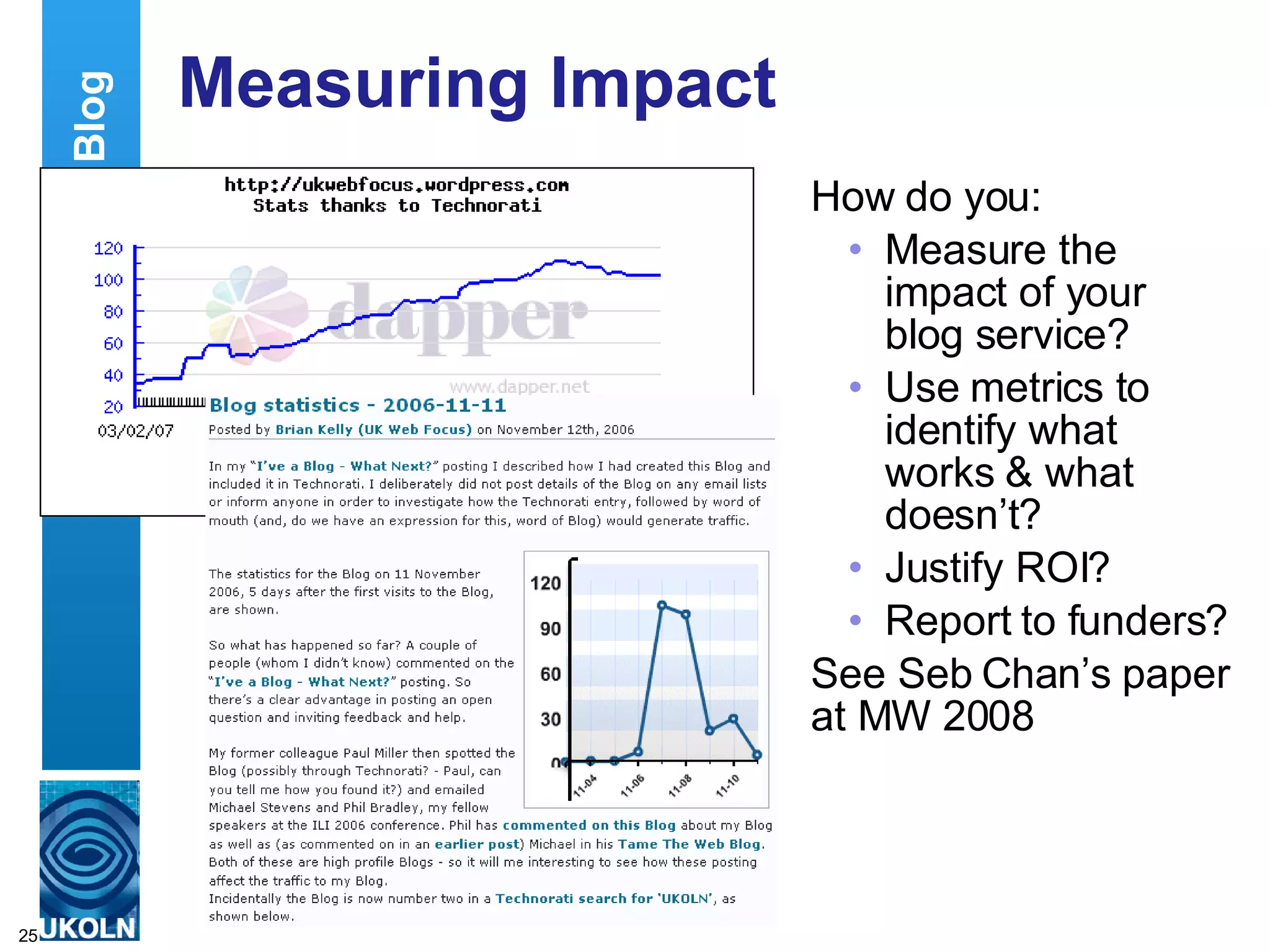 Measuring Impact How do you: Measure the impact of your blog service? Use metrics to identify what works & what doesn’t? Justify ROI? Report to funders? See Seb Chan’s paper at MW 2008 Establishing A Blog 