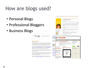 How are blogs used? Personal Blogs Professional Bloggers Business Blogs 