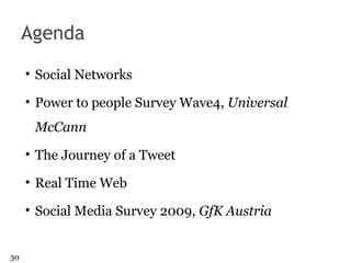 Agenda Social Networks Power to people Survey Wave4,  Universal McCann  The Journey of a Tweet Real Time Web Social Media Survey 2009,  GfK Austria 