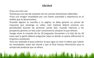 10x10x4
•Crea una mini-net.
•Construye una lista de contacto con los correos electrónicos obtenidos.
•Crea una imagen respaldada por una fuerte autoridad y experiencia en el
ámbito que te desenvuelves.
•Cuando alguien se suscribe a tu página, se debe generar un correo de
respuesta que contenga un video, este material deberá enviarse con
periodicidad durante los primeros veinte días. Cuando informas a los
prospectos generas un lazo y por consecuencia compran lo que ofreces.
•Luego viene la creación de las 10 preguntas frecuentes y la lista de las 10
cosas que la gente debería preguntar (aquí es donde se quiere diferenciar la
empresa o producto).
•Una vez realizado el paso anterior, lo que sigue es crear 4 videos que cubran
las necesidades reales del cliente y que al final incluya información para la
compra del producto que se ofrece.
 