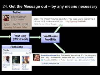 24. Get the Message out – by any means necessaryTwitterYour Blog (RSS Feed)FeedBurner/FeedBlitzFaceBook